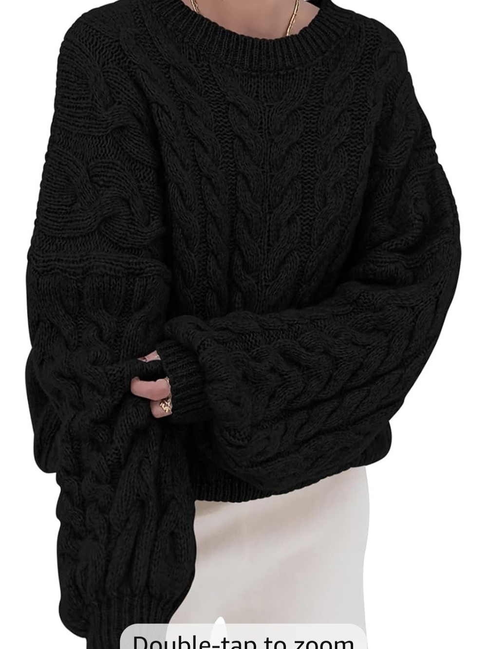 Oversized Cable Knit Crewneck Sweater - Black